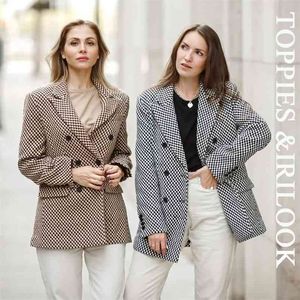 vintage Houndstooth woolen Jacket double breasted long coat women outwear winter clothes 210421