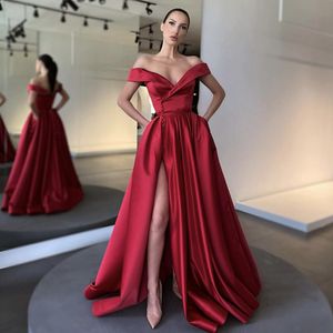 Burgundy Evening Dresses Prom Gowns Formal For Women Party Dinner Date Off Shoulder Side Split Buttons Satin Pink Custom Made