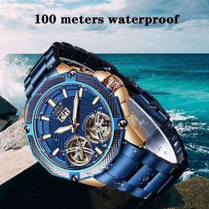 Ligeブランドの高級男性は自動ブルーウォッチメンズステンレススチールの防水ビジネススポーツのメカニカル腕時計リロース210527を見ます