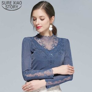 Primavera Outono Manga Longa Semi-High-Collar Lace Base Camisa Mulheres Preto Sólido Regular Mulheres Blusas Tops Plus Size 6636 50 210527