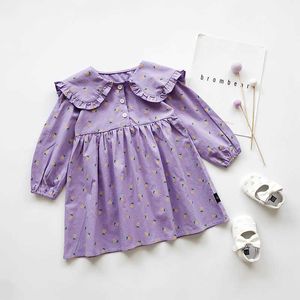 Baby flicka casual klänningar höst blommig tryck klänning för småbarn barn kläder ny koreansk blomma långärmad ruffle kläder g1026
