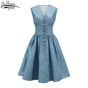 Neue Damen Einreihige Taste Gedruckt V-ausschnitt Ärmelloses Frauen Kleid Hohe Taille Vintage Kleid Plus Größe S-4XL 12856 210417