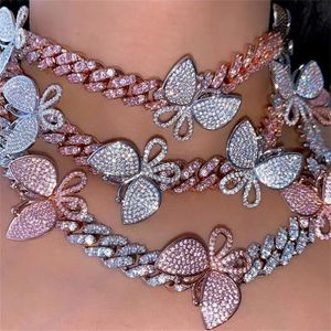 12mm Hip Hop Cuban Chain Butterfly Choker Necklaces for Women Rhinestone Crystal Pendant Necklaces Gothic Jewelry Collares X0509
