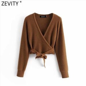 Zevity女性のファッションクロスVネックソリッドカラーショートニットセーター女性シックな長袖裾蝶ネクタイスリムトップS621 210603