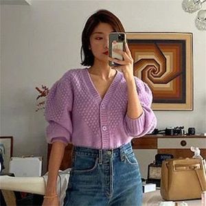 Foridol vintage purple knitted cropped cardigan oversized button up puff sleeve cardigan top autumn winter casual office tops 210415