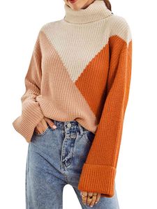 니트 높은 목 패치 워크 컬러 여성 풀오버 긴 소매 느슨한 여성 스웨터 가을 패션 스트리트 숙녀 스웨터 210518