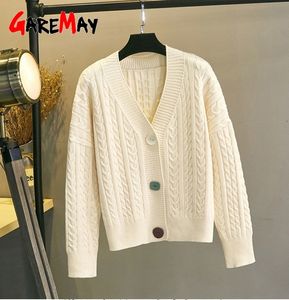 Höst vinter Koreansk stil Lös förtjockad stickning Cardigan Women's Sweater Coat Modal långärmad utomhus svart och vit 210428