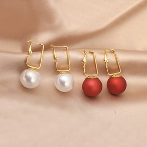 Gold Rectangular Hook Dangle Earrings Simple Geometric White Red Pearl Earring For Women Jewelry
