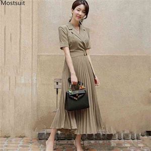 Summer Elegant Office Lady Long Pleated Dress For Women Short Sleeve Notched Collar Slim Bodycon Dresses Korean 210513