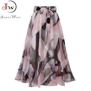 Vintage blommigryck chiffong kjol sprint sommar koreanska en linje rosa streetwear hög midja damer midi kjol 210730