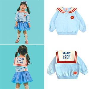 Felpa con colletto blu navy per bambina Felpa con maniche lunghe dolce adorabile Bambini Blu Primavera Autunno Abbigliamento 210619