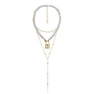 Çok katmanlı inci kolye moda altın kısa geometrik kilit şeklindeki takı kadın klavikula zincir kadın parti hediyesi