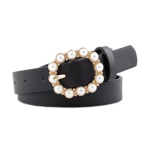 Belts Designer White Black Red Pink Pu Leather Belt Rime Ladies Round Pearl Buckle For Women Dresses Pants Waistband