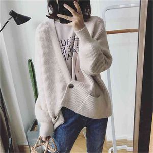 Women Winter Sweater Cardigans Lantern Sleeve V neck Button Big Pocket Knit Jacket Loose Coat Casual sueter feminino 210430