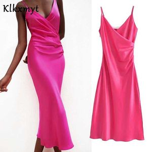 Klkxmyt za camisole vestido longo vestido de verão mulheres rose vermelho deslizamento elegante vestidos festa mulher ruched backless midi sexy 210527