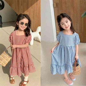 Summer Girls' Dress Plaid Wide Neckline Short Sleeve Sweet Princess Casual Children'S Baby Kids Clothing For Girls 210625