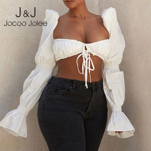 Jocoo Jolee Elegant Shirt Sexy Backless Shirred White Crop Tops Women Flare Long Sleeve Tie Front Blouse Female Casual Blusas 210518