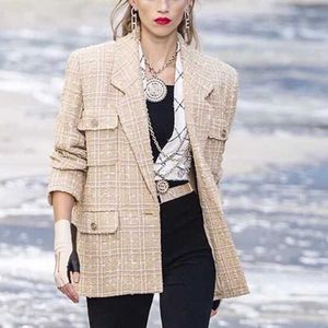 Högkvalitativa kvinnor Plaid Coat Retro Knapp Office Lady Suit Jacka Kvinna Casual Coats Höst Blazer OuterWear 210529