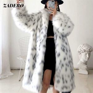 Moda Faux Fur Coat Kobiety Winter Casual Splited Leopard Drukuj Kurtka Kobiet Gruba Ciepła Średnia Pluszowa Pluszowa Odzież 211220