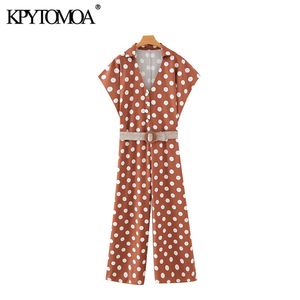 Women Chic Fashion Polka Dot With Belt Jumpsuits V Neck Short Sleeve Female Playsuits Casual Rompers Femme 210420