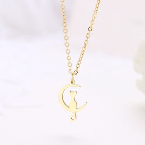 Stainless Steel Necklace for Women Lover's Little Cat Rewarding The Moon Gold Engagement Jewelry Gift