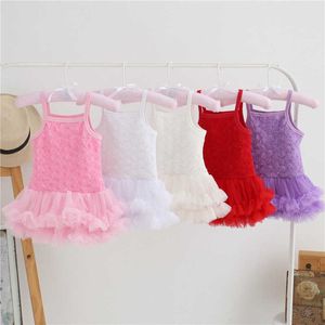 Algodão Bebê Meninas Sling Dress Com Ruffles Rosset Lace Onesie Tutu para 1Y Aniversário Crianças Crianças Roupas Roupas 210529