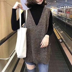 Plus Size Damska sweter Kamizelka Jesień Zima V-Neck Luźna Kurtka Bez Rękawów Kobiet 210427