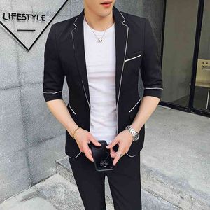 Terno Estilo Britânico Homens Slim Negócios Fatos de Casamento Para Homens 2 Pcs Conjunto Blazer Pant Summer Street Wear Noivo TuxeDos Traje TuxeDos Homme 210527