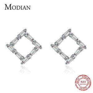 Genuine 925 Sterling Silver Simple Square With Trapezoid Clear CZ Stud Earrings for Women Girl Anti-allergy Jewelry 210707