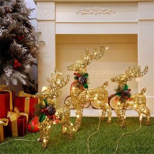 2022 Year Decoration Christmas Ornaments Gold Deer Elk Led Light Tree Scene Room House Navidad Decor 211104