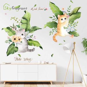 Nordic Proste Fresh Naklejki Cute Cat Broadleaf Samoprzylepne Naklejki Sypialnia Bedside Wall Room Wall Home Decor