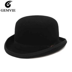 Gemvie 4 Farben 100% Wolle Filz Derby Bowler Hut Für Männer Frauen Satin gesäumt Mode Party Formale Fedora Kostüm Magier Hut Y1118