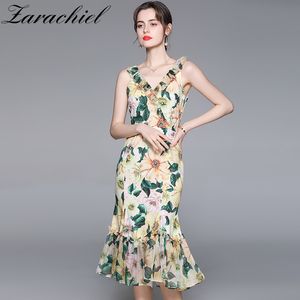 Summer Floral Holiday Dress Women Elegant Sleeveless V-Neck Ruffles Mermaid Sexy Beach Boho Slim Fit Chiffon Midi Sundress 210416