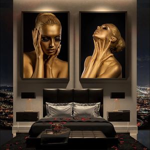 Czarno-złoty kobieta płótno obrazy nowoczesne luksusowe zdjęcia dekoracyjne Plakat malowanie ścienne do salonu wystrój domu