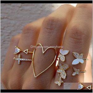 Cluster Jewelry Drop Delivery 2021 Vintage Gold Color Mix Hollow Heart Butterfly Rings For Women Fashion 5Pcs Set Cz Zircon Adjustable Ring S