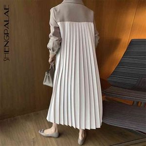 Vintage Ruched Dress for Women Notched Collar z długim rękawem Casual Loose Garnitur Kobieta Wiosna Moda Za5702 210427