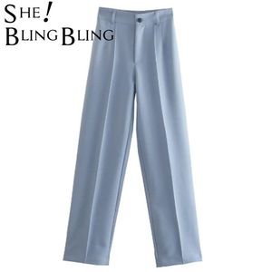 Shilanding Za Kobiety Spodnie Traf Casual High Paist Chic Biuro Panie Kobiet Eleganckie Beżowe Proste spodnie Spodnie 210925