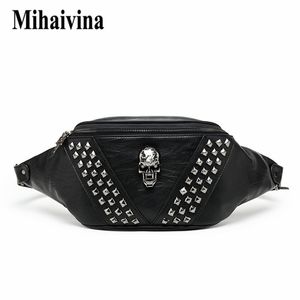 Mihaivina Punk Rivet Skull Herr Midjeväska Kvinnor Svart Fanny Pack Läder Bröst Kvinnlig Shoulder Messenger Bum s 220216