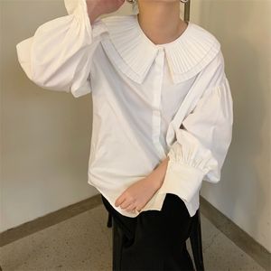 韓国風エレガントな白いシャツフェムムスプリングシックな女性のブラウス長袖ラペルルーズドールトップスBlusas 210525