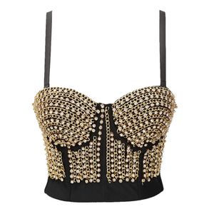 Breve sexy catena di metallo strass top femminile discoteca partito crop top canotta con reggiseno incorporato donne camis push up bralette x0726