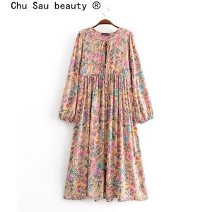 beauty Fashion Boho Style Floral Print Maxi Dress Women Holiday Chic Bow Tie Summer Dresses Female Loose Beach Wear 210514