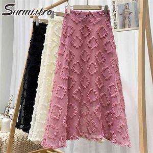 Verão de algodão linho apliques longas saias cor-de-rosa elegante estilo coreano estética cintura alta midi saia feminina 210421