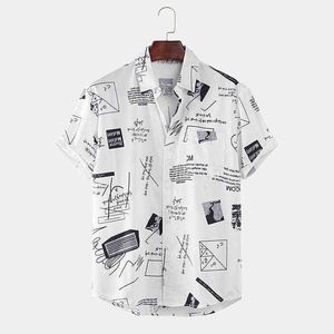 Hawaiian Shirts Mens Rolig abstrakt tecknad slogan bröstficka Kortärmad tröjor Sommarstrand Blus Tops Chemise Homme G0105
