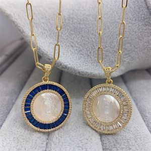 Blessing Round Virgin Guadalupe Pendant Necklace Colored Zircon Natural Shell Jewelry Necklaces for Women 220214