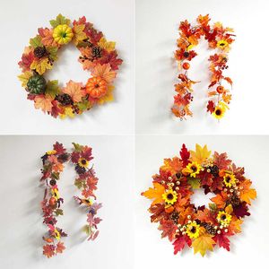 人工カボチャの花輪秋の秋の葉の葉の祭りの家の装飾庭の装飾ドアの花輪籐の壁掛けY0901