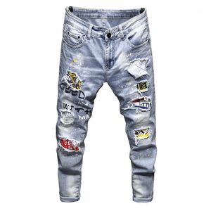 Men's Blue Slim Stright Fit Pencil Jeans Pants With Pocket 2021 Spring Autumn Letter Printing Casual Fashion Denim Skinny