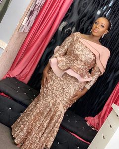 Rose Gold Aso Ebi Mermaid Mor of the Bride Dresses 2022 Sparkly Sequins Applique Långärmad Afrikansk Mother Formal Occsace