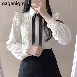 Kawaii Cute Women Blouse Lace Shirt Bow Fashion Solid White Shirts OL Formal Chic Blusas Japanese Drop 210601