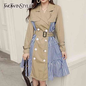 Khaki Stripe 튼튼한 여성 옷깃 칼라 긴 소매 패치 워크 러버 높은 Wasit 슬림 여성용 코트 210524