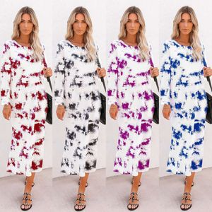Women's Tie-dyed Printing Dress Gradient Color Round Neck Long Sleeve Vestidos Autumn Chic Casual Elegant Split Dresses 210515